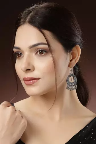 Women set of 3 silver-toned german silver oxidised dome shaped jhumka earrings