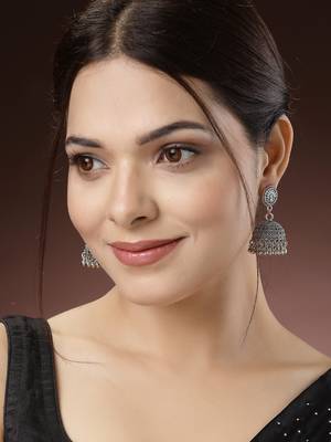 Women set of 3 silver-toned german silver oxidised dome shaped jhumka earrings 4
