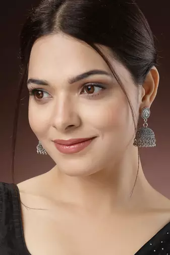 Women set of 3 silver-toned german silver oxidised dome shaped jhumka earrings