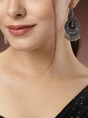 Women set of 3 silver-toned german silver oxidised dome shaped jhumka earrings 5