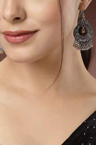 Women set of 3 silver-toned german silver oxidised dome shaped jhumka earrings