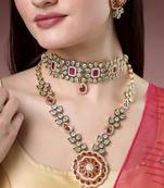 Women set of 2 red & gold kundan studded jewellery set choker & long necklace with earrings