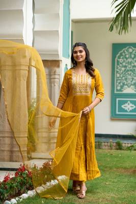  Mustard Sequence Embroidered Plating Work Mustard Yellow Pure Chanderi Silk Flare Kurta With Pant & Dupatta Set 1