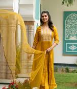  Mustard Sequence Embroidered Plating Work Mustard Yellow Pure Chanderi Silk Flare Kurta With Pant & Dupatta Set