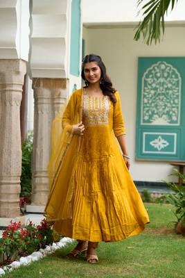  Mustard Sequence Embroidered Plating Work Mustard Yellow Pure Chanderi Silk Flare Kurta With Pant & Dupatta Set 2