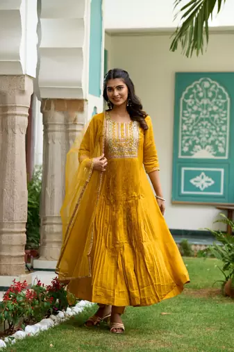  Mustard Sequence Embroidered Plating Work Mustard Yellow Pure Chanderi Silk Flare Kurta With Pant & Dupatta Set