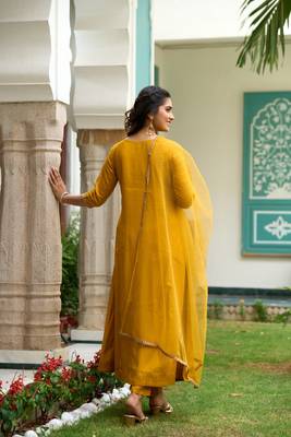  Mustard Sequence Embroidered Plating Work Mustard Yellow Pure Chanderi Silk Flare Kurta With Pant & Dupatta Set 3