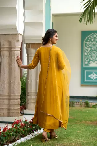  Mustard Sequence Embroidered Plating Work Mustard Yellow Pure Chanderi Silk Flare Kurta With Pant & Dupatta Set