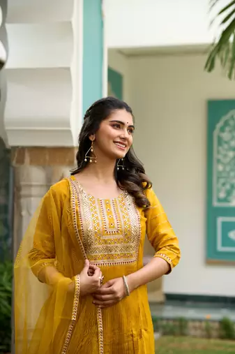  Mustard Sequence Embroidered Plating Work Mustard Yellow Pure Chanderi Silk Flare Kurta With Pant & Dupatta Set
