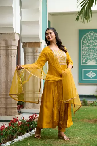  Mustard Sequence Embroidered Plating Work Mustard Yellow Pure Chanderi Silk Flare Kurta With Pant & Dupatta Set