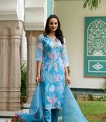 Viscose Tabby Fabric Sequence Embroidered Work Straight Cut Kurta with Cotton Lining, Pant and Dupatta Set