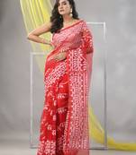 Red muslin saree with jamdani designs