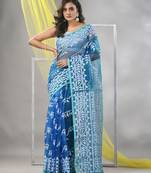 Turquoise muslin saree with jamdani designs
