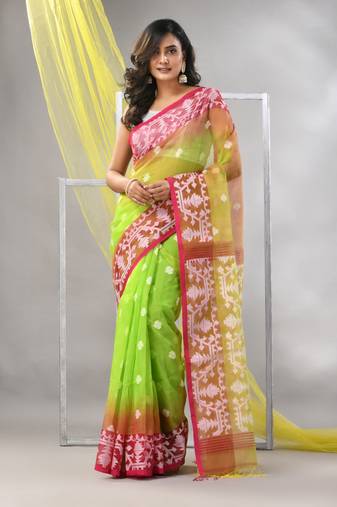 Parrot green muslin saree with jamdani designs