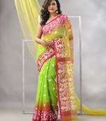 Parrot green muslin saree with jamdani designs