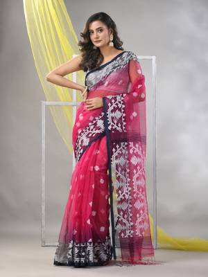 Fuchsia muslin saree with jamdani designs 1