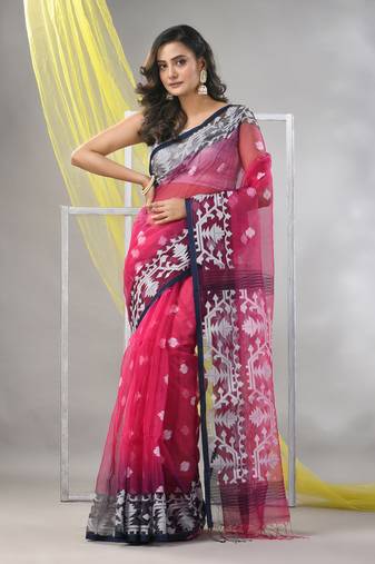 Fuchsia muslin saree with jamdani designs