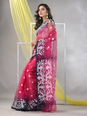 Fuchsia muslin saree with jamdani designs 2
