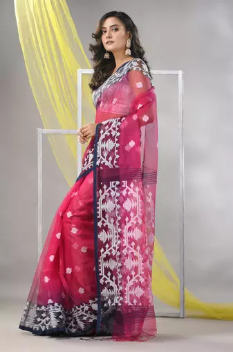 Fuchsia muslin saree with jamdani designs