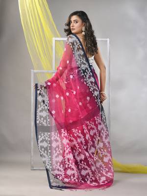 Fuchsia muslin saree with jamdani designs 3