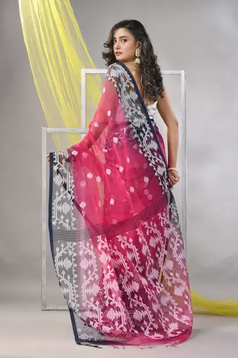 Fuchsia muslin saree with jamdani designs
