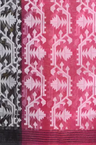 Fuchsia muslin saree with jamdani designs