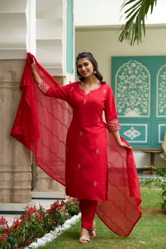 Gajari Red Embroidered Chanderi Straight Kurta Pant and Dupatta Set