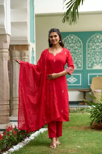 Gajari Red Embroidered Chanderi Straight Kurta Pant and Dupatta Set