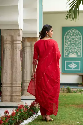 Gajari Red Embroidered Chanderi Straight Kurta Pant and Dupatta Set