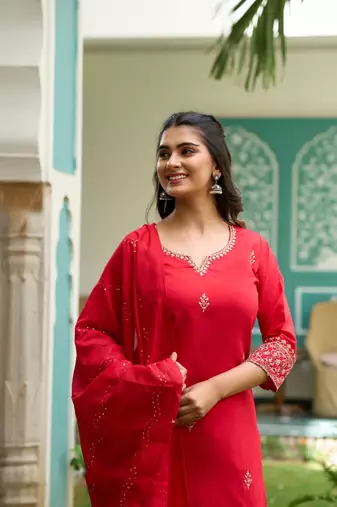 Gajari Red Embroidered Chanderi Straight Kurta Pant and Dupatta Set