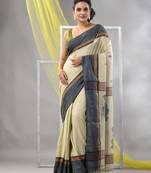 Ecru cotton handspun soft saree with leaf motifs