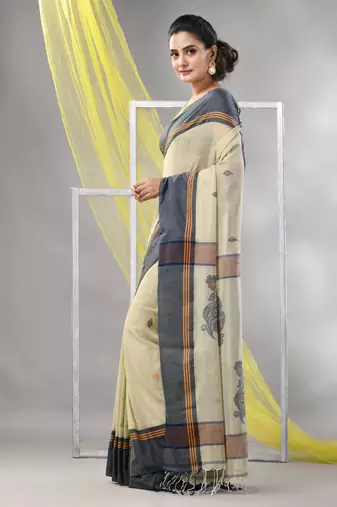 Ecru cotton handspun soft saree with leaf motifs