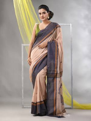 Beige cotton handspun soft saree with leaf motifs 1