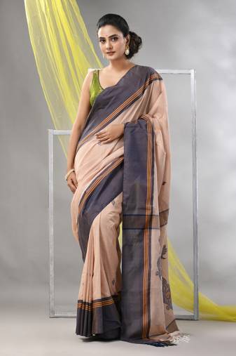Beige cotton handspun soft saree with leaf motifs