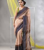 Beige cotton handspun soft saree with leaf motifs