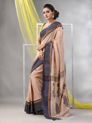 Beige cotton handspun soft saree with leaf motifs 2