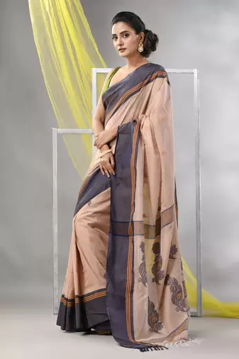 Beige cotton handspun soft saree with leaf motifs