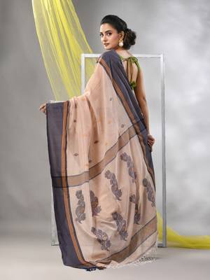 Beige cotton handspun soft saree with leaf motifs 3