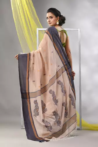 Beige cotton handspun soft saree with leaf motifs