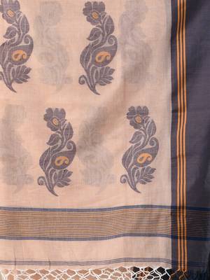 Beige cotton handspun soft saree with leaf motifs 4