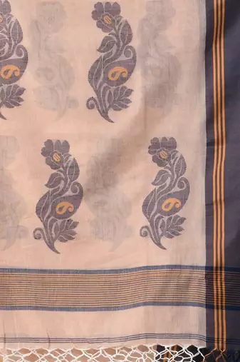 Beige cotton handspun soft saree with leaf motifs