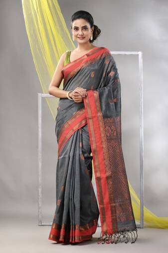 Grey silk matka soft saree with paisley motifs
