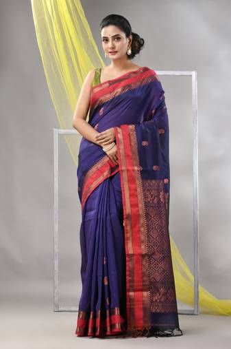 Purple silk matka soft saree with paisley motifs
