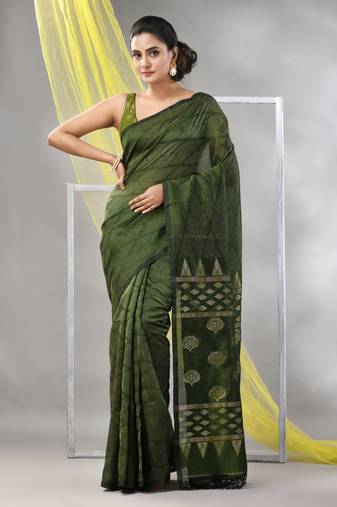 Sap green silk matka soft saree with stripes pattern