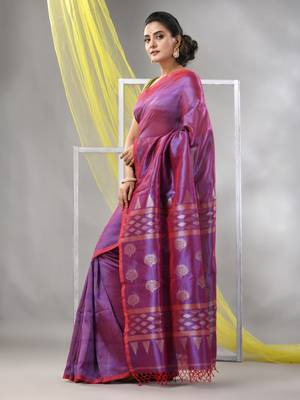 Lilac silk matka duel-tone soft saree with stripes pattern 2