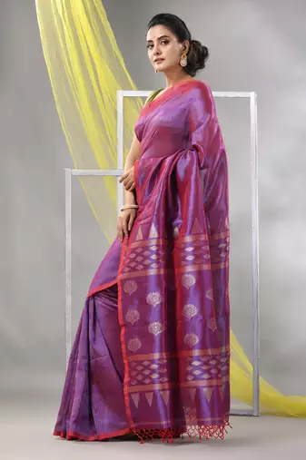 Lilac silk matka duel-tone soft saree with stripes pattern