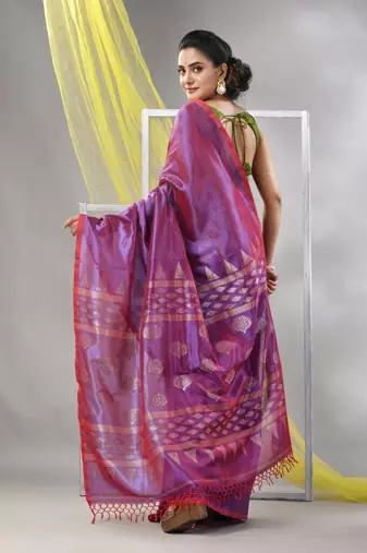 Lilac silk matka duel-tone soft saree with stripes pattern