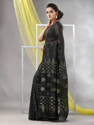 Black silk matka soft saree with stripes pattern 2