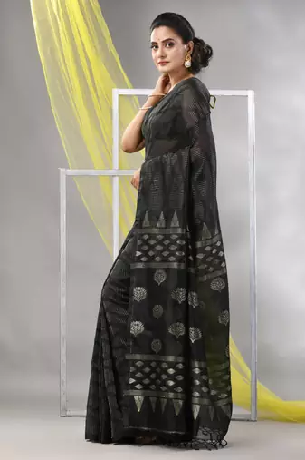Black silk matka soft saree with stripes pattern