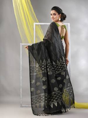 Black silk matka soft saree with stripes pattern 3